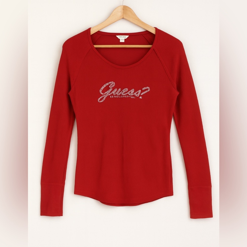 Vintage Y2K GUESS Womens Red Cotton Rhinestone Logo Scoop Neck Thermal Top sz XL
